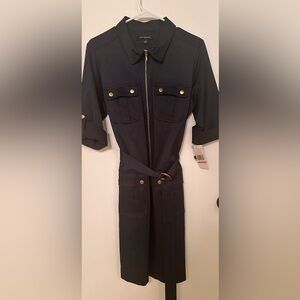 Sharagano navy blue dress with gold buttons